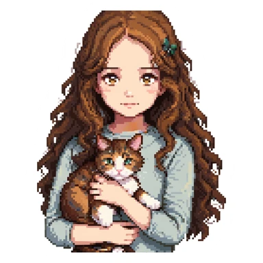 a girl with long wavy brown hair and brown eyes holding a cat, pixel art style sticker