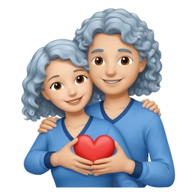 Silver hair, wavy/curly hair chin-length lady giving hug with 2 arms,  v-neck and smiling, add a heart, blue shirt sticker