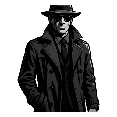 a spy, mysterious and cool, wearing sunglasses and a trench coat sticker