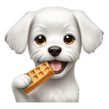 small white dog with small head eating a treat sticker