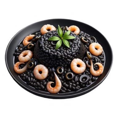 cinematic-realistic-black-risotto-dish-emoji,-showcasing-small squid pieces in black sauce -rendered-with-bold-textures-and-dynamic,-dramatic-lighting. sticker