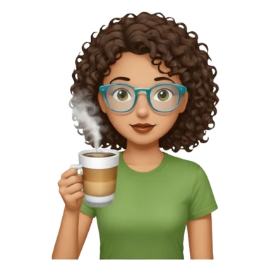 White girl with dark brown curly hair, brown eyes, sky blue glasses, nose ring, green t shirt, drinking coffee from a glass cup sticker