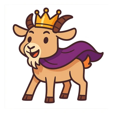 cartoon goat with a shiny gold crown and flowing purple cape, majestic and playful sticker