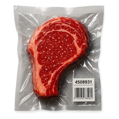 juicy steak sprinkled with tiny crystals, shiny and inflated, vacuum-sealed style sticker