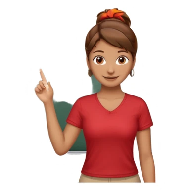 Happy instructor female brown hair whit board hair up red shirt sticker