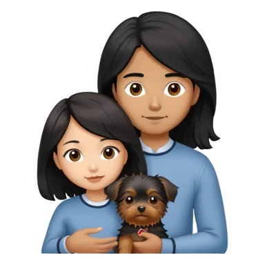 A couple holding holding a small Yorkshire Terrier together. The girl is an Asian girl with long, luscious wavy black hair (loose, no hair tie). She is standing beside a brown-skinned man with a short middle part haircut.  sticker