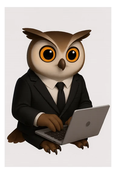 Сова держит в костюме и рубашке сидит за ноутбуком и что-то печатает, прозрачный фон sticker