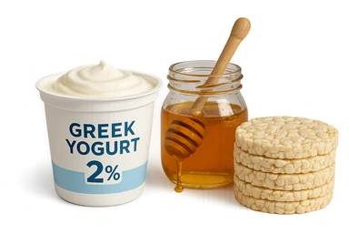 Yogurt Greco 2%
Miele
Gallette di Riso
vista frontale, iperrealistico 4k sticker