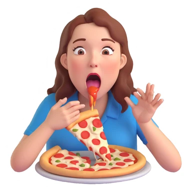 woman with open mouth, drooling, hands grabbing at pizza, hungry expression sticker