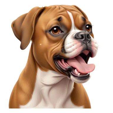 Cinematic Cute Yawning Fawn Boxer dog Portrait Emoji, Head tilted slightly with a dramatic, wide-open yawn, showcasing a short fawn Fur with a crisp white muzzle and chest, floppy ears slightly drooping, round brown eyes barely open in drowsy contentment, Simplified yet irresistibly adorable features, highly detailed, glowing with a soft, cozy glow, high shine, relaxed yet expressive, stylized with a touch of whimsy, bright and endearing, soft glowing outline, capturing the essence of a sleepy yet affectionate guardian, so drowsy it feels like it could stretch right out of the screen and curl up for a nap! sticker