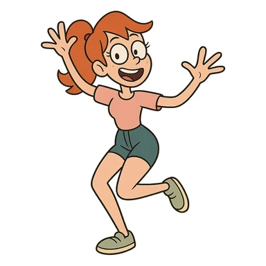 red-haired girl in a playful pose, cartoonish and exaggerated sticker