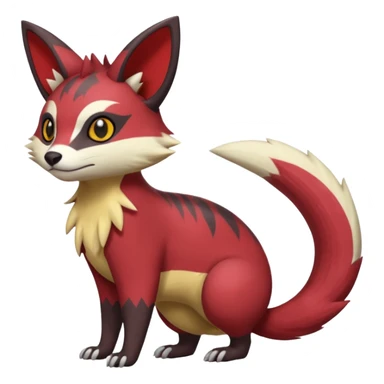 Red, brown, black, white, yellow, Zangoose-Cacomistl-Genet-Civet-Rattata-Skitty-Noibat-Purrloin-Fakemon-hybrid-creature (full body) sticker