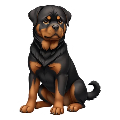 cinematic-[rottweiler]-realistic-full-body-sitting-emoji,-tail-resting-loosely-beside-its-paws,-head-tilted-dramatically, -sleek-[Black and brown]-fur,-simplified-yet-realistic-focused-features,-highly-detailed,-glowing-with-an-almost-sarcastic-glow sticker