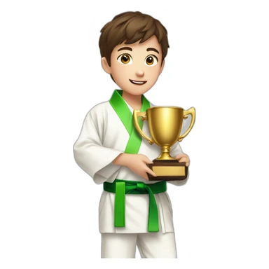 a 12-year-old boy with brown hair in a white kimono with a green belt holds a prize gold cup with two hands sticker