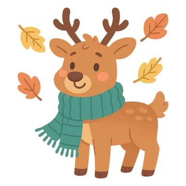 deer in a wooly scarf among falling leaves, cozy fall palette, pastel-toon style sticker