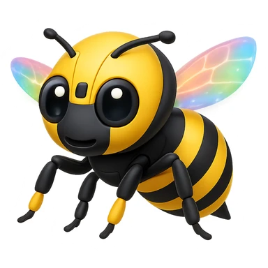 Create a robotic bee with rainbow prismatic energy wings in the style of apple emojis, focusing on concise and clear emoji style representation. sticker