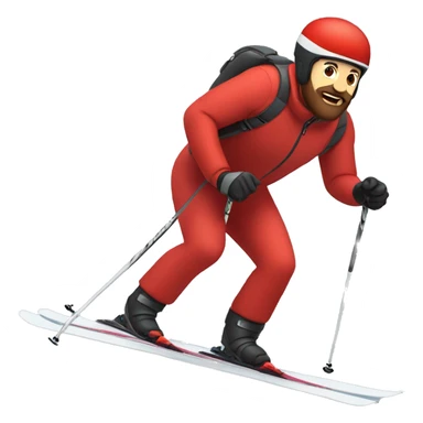 man in a red jacket and a brown short beard skiing. The man has a black helmet and red skis sticker