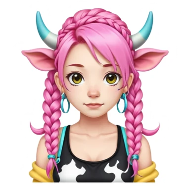 En anime-ku-jente med to rosa lange tykke fletter og cyan striper i håret, ku-horn og ku-ører, sort BH-topp over en gul cropped-fleece-blouse sticker