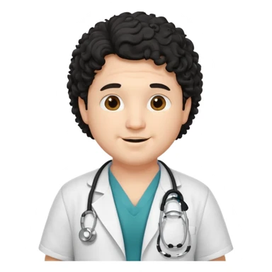 a young chubby male doctor with black long curly hair and cheerful face without gpasses sticker