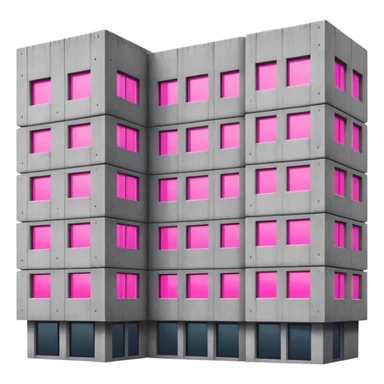 Brutalist gray concrete building with multiple windows where only one window glows bright pink and the rest are normal sticker