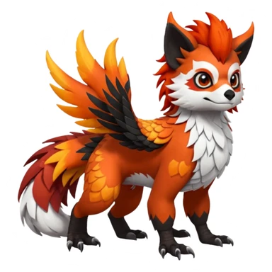 4-legged scaly Gryphon-Talonflame-Red-Panda-Silvally-fusion-hybrid-animal-Fakémon-creature, full body, with a tufted tail sticker