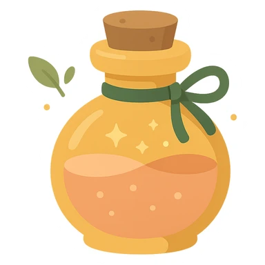 "A cute potion bottle with a whimsical and cozy design, featuring soft and warm colors: golden orange (FA9B41), deep forest green (4A7C5C), muted taupe brown (96775A), and pastel peach (FFCC9A). The bottle is small, round, and slightly vintage in style, with a cork stopper and a delicate ribbon tied around its neck. The potion inside glows faintly with a peachy-orange hue. Surroundings include soft lighting and a magical atmosphere, possibly with sparkles or tiny floating leaves, emphasizing a warm and enchanting mood. The style is charming, storybook-like, and detailed sticker