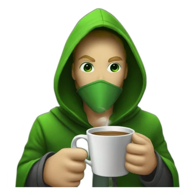 Green hooded assassin sipping coffee sticker