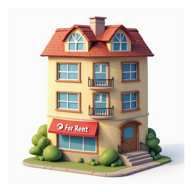 realistic apartment rent icon, detailed apartment facade, visible 'For Rent' banner sticker