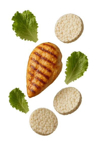 petto di pollo grigliato fluttua in aria insieme a gallette di riso e foglie di insalata, iperrealistico 4k sticker