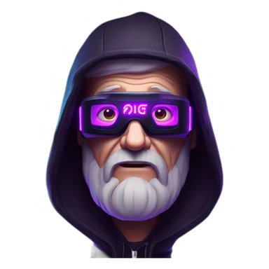 Russian old man wearing a black hoodie with "OMG" letters on it and VR headset in a cyberpunk VR environment with violet neon lighting. sticker