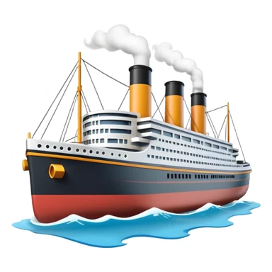 A miniature 3D Titanic ship emoji in Apple style, small and compact with smooth glossy surface, bright clean colors, simplified but recognizable details like smokestacks and windows, no facial features, floating on calm ocean, soft shadows, high-quality render, isolated on white background.



 sticker