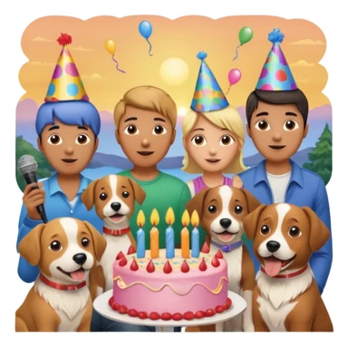 celebration birthday with a dog and watching sunset with many peoples with a birthday cake and mike a wish man peoples at home sticker