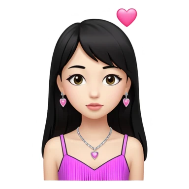 Cabelos pretos longos lisos ,com franja curvada .olhos pretos puxadinho para cima. Cílios longos curvados. Pele clara ,nariz pequeno ,lábios carnudos ,adolescente 16 anos ,vestido rosa de alça, colar de coração prata ,brinco de diamante sticker