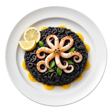 cinematic-realistic-black-risotto-dish,-showcasing-small squid pieces-rendered-with-bold-textures-and-dynamic,-dramatic-lighting in a white plate with a grilled lemon on top sticker