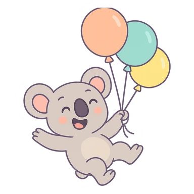 happy koala floating with pastel balloons in pastel-toon style sticker