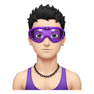 shirtless male athlete with white skin and moderately curly black hair on top with shaved sides, wearing purple ski goggles with black tinted lenses, and a simple plain black chain necklace, no earrings sticker