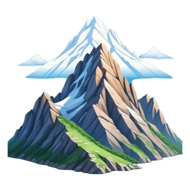 Cinematic Realistic Mountain Emoji, Majestic and towering, with craggy, snow-capped peaks rising sharply against a deep blue sky. The rugged terrain is dotted with rocky outcrops and patches of greenery, with clouds swirling around the higher reaches. Soft glowing outline, capturing the essence of ancient strength and natural beauty in a towering mountain! sticker