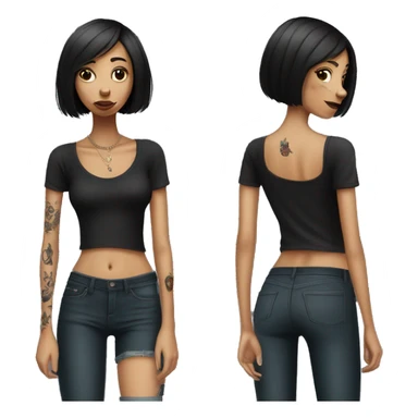skinny girl with bob haircut smoking cigarette, she is wearing black t-shirt and has lotus tattoo on her shoulder sticker
