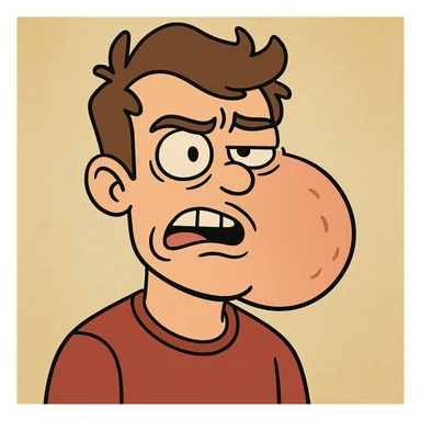 cartoon face with one side swollen, exaggerated features, simple background sticker