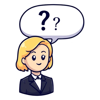 blonde haired white woman in a black formal suit with a white speech bubble containing a black question mark next to her head sticker