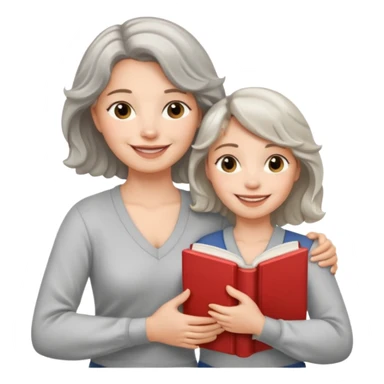 Silver hair, wavy/curly hair chin-length lady giving hug with 2 arms,  v-neck and smiling, add a favorite book sticker