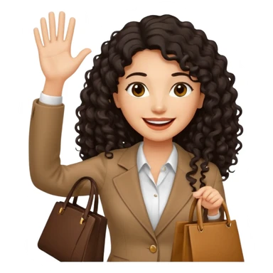 medium deep tan brown business woman with long black curly hair, waving hand with happy face with smile mouth and carrying bag on her shoulder sticker