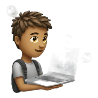 A young man with a laptop and programming codes spinning around his head sticker