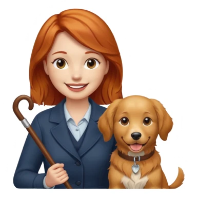 Red headed woman with a cane and a dog sticker