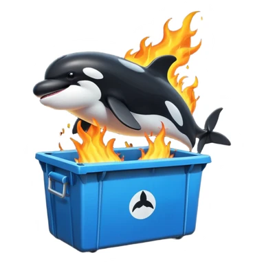 3d Cartoon orca coming out of a dumpster on fire sticker