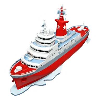 Realistic 3D icon of icebreaker "Kapitan Krutov" (grey hull, red star, white superstructure, "РОСМОРПОРТ" lettering). Soft winter lighting, 3/4 aerial view. Fractured blue ice, white background. High detail, photorealistic GSON style. sticker