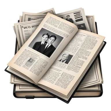 Icon for Non-Fiction & Narrative Reading: an open book with black-and-white photos on the pages, surrounded by a pile of newspaper clippings, and an open folder with top-secret documents. The icon should reflect the blend of real stories and facts in non-fiction literature. Transparent background. sticker