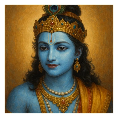 Krishna, the Hindu deity, with blue skin, peacock feather crown, gentle smile, detailed and vibrant sticker