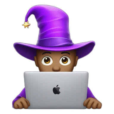 magician with a purple pointy magic hat with a star working on a macbook sticker