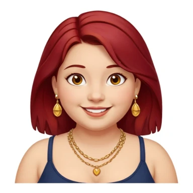 Chubby girl, shoulder length dark red hair, brown eyes, dimples, gold earrings, and necklaces sticker
